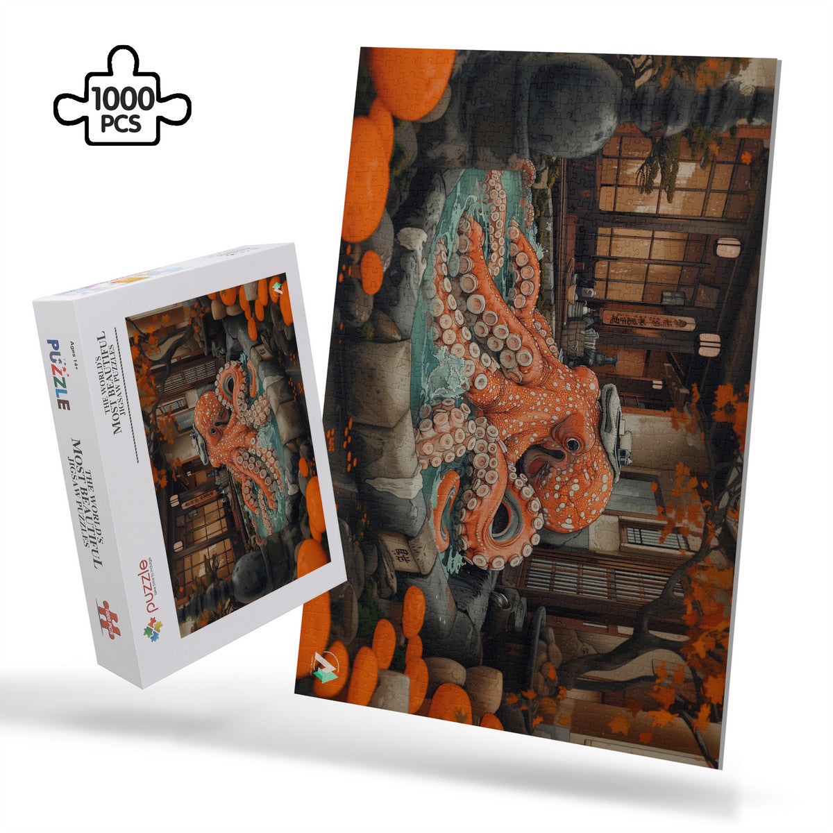 Octopus Bathhouse Puzzle featuring a whimsical octopus illustration, available in 500 or 1000 pieces, crafted from premium ivory cardboard with a satin finish.