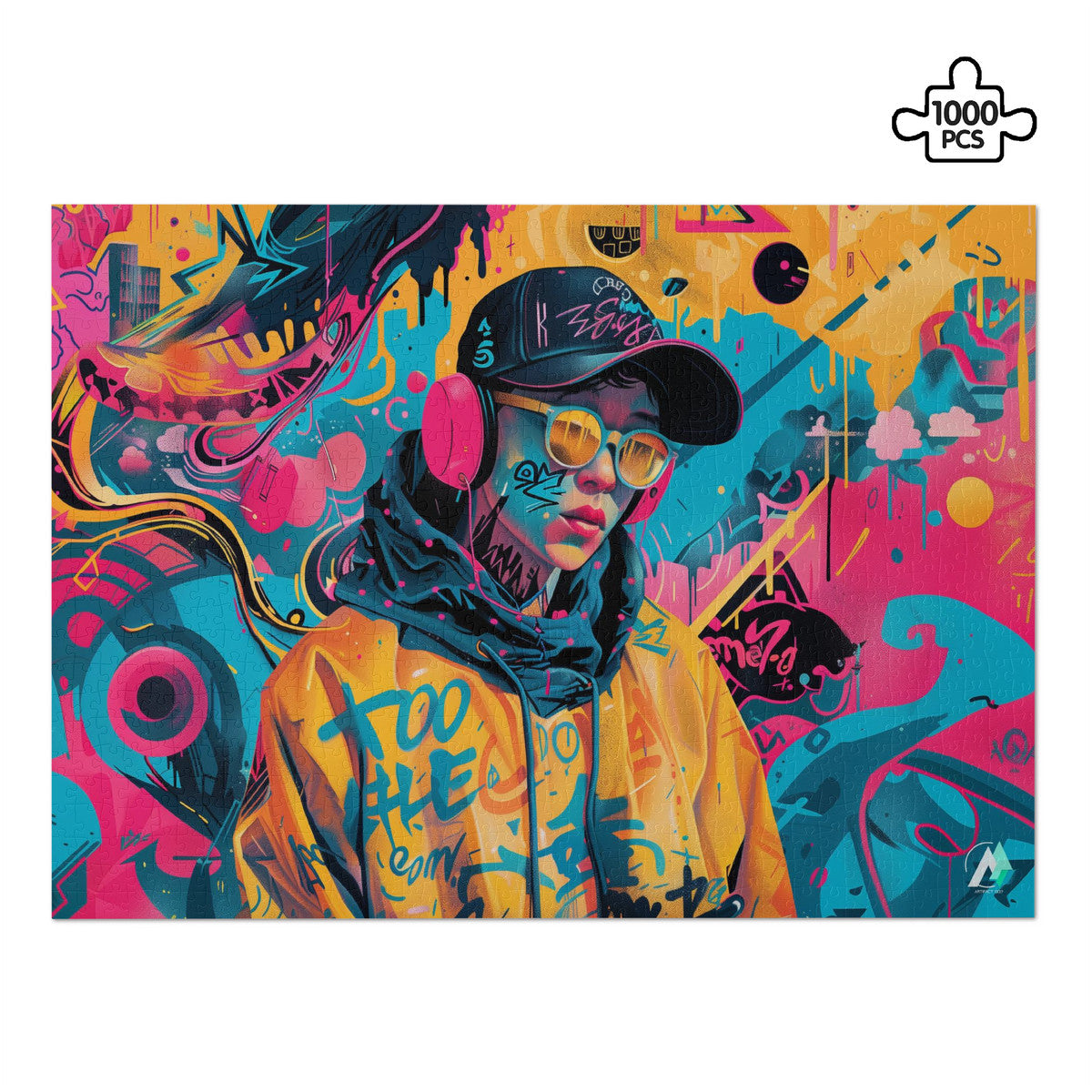 Streetwear Abstraction I Puzzle, depicting a boy in a hat and sunglasses, crafted from premium ivory cardboard. Available in 500 and 1000 pieces.