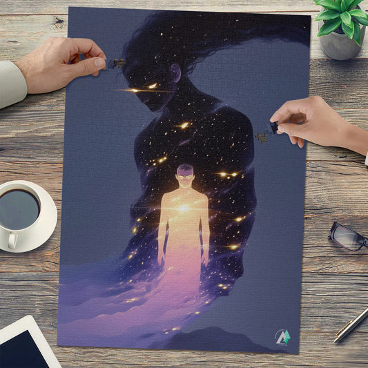 Anomaly II Puzzle featuring artwork of a person with light emanating from the body, available in 500 and 1000 pieces.