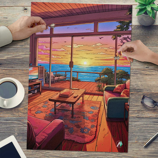 Netflix & Chill Puzzle featuring a cozy living room with a sunset ocean view, red couch, table with a book, and artwork.