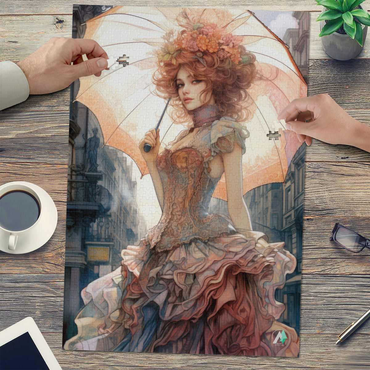 Victorian Beauty Puzzle features a woman holding an umbrella and dressed in Victorian era style, crafted from premium ivory cardboard, available in 500 or 1000 pieces.