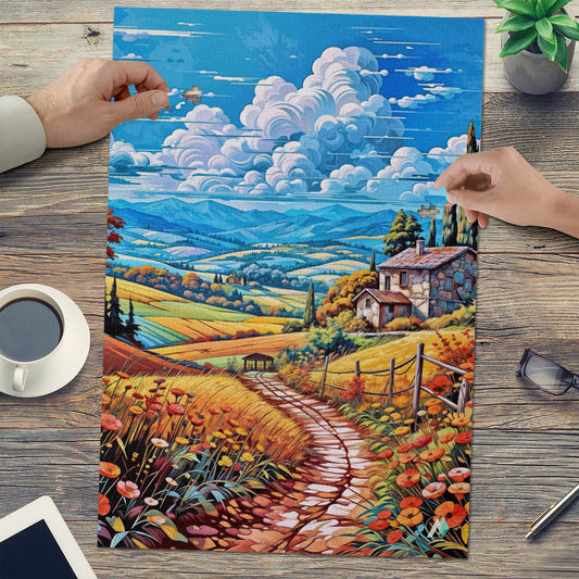 Poppies in Bloom Puzzle featuring a scenic house and path amidst a vibrant field, available in 500 and 1000 pieces.
