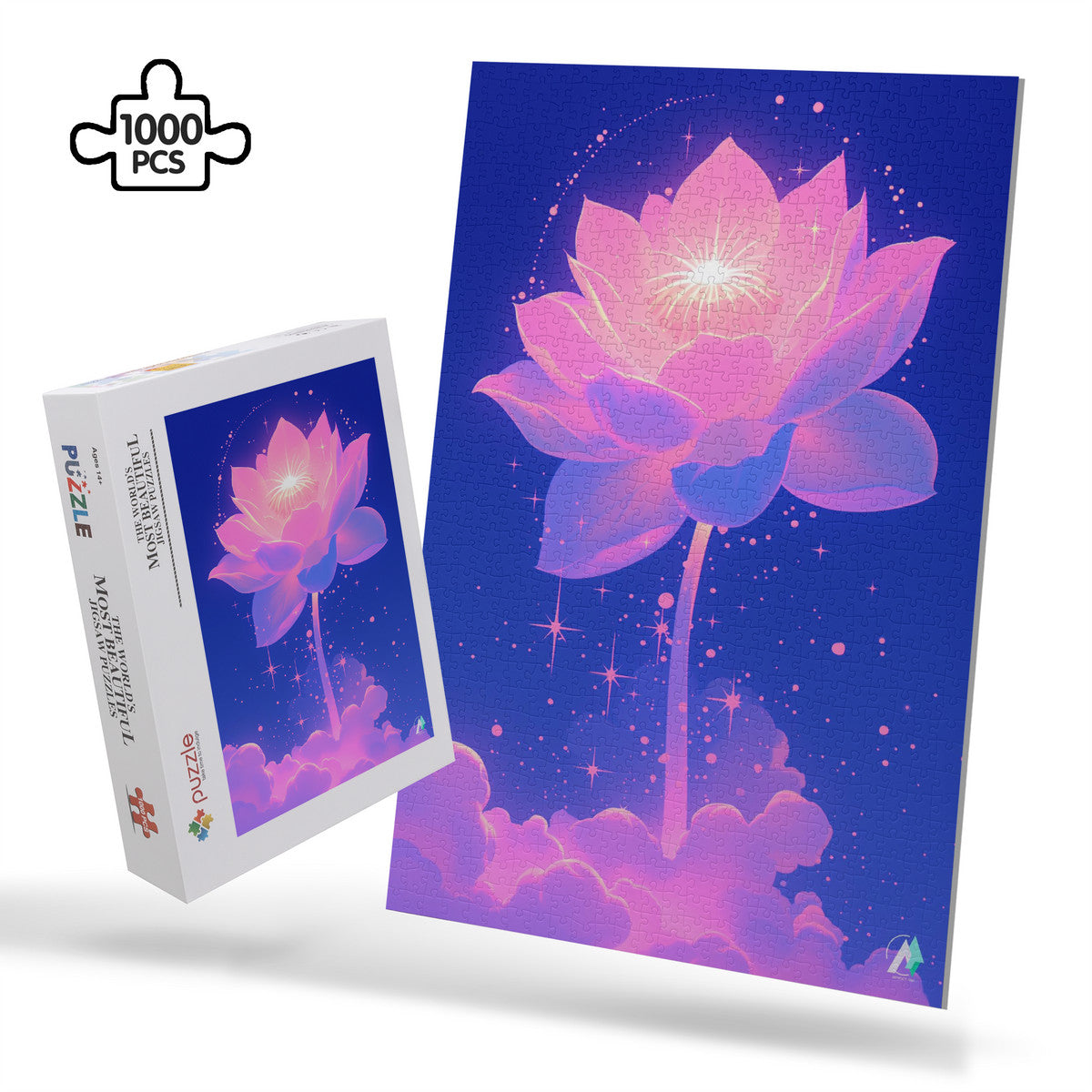 Celestial Bloom II Puzzle, featuring a flower design with clouds, available in 500 or 1000 pieces, crafted from premium ivory cardboard.