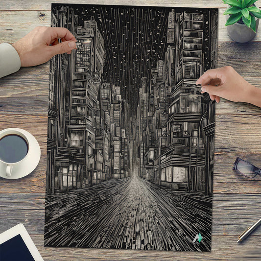 Urban Nightscape I Puzzle featuring intricate cityscape drawing, available in 500 or 1000 pieces, crafted from premium ivory cardboard with satin finish.