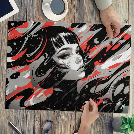 Fashion Trip II Puzzle featuring a woman's face, designed by @shinjoku13, available in 500 and 1000 pieces, made from premium ivory cardboard.