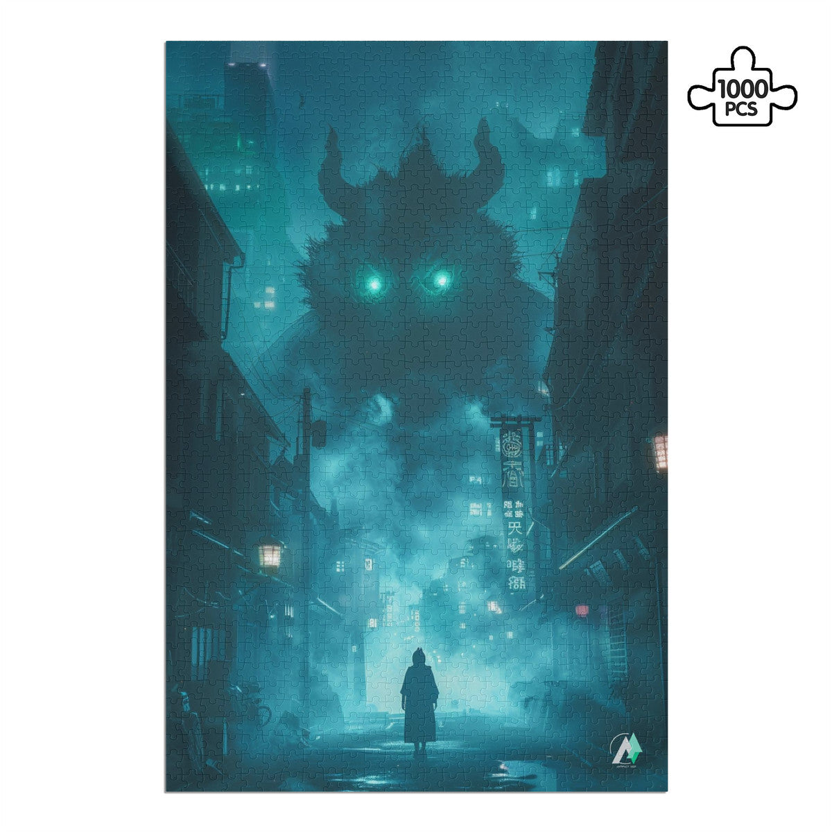 The Yokai Mystiques IV Puzzle features a city scene with a giant monster, available in 500 and 1000 pieces, crafted from premium ivory cardboard.