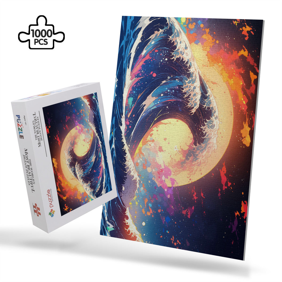The Great Wave I Puzzle, featuring an intricate wave design, crafted from premium ivory cardboard. Available in 500 or 1000 pieces, artist: @shinjoku13.
