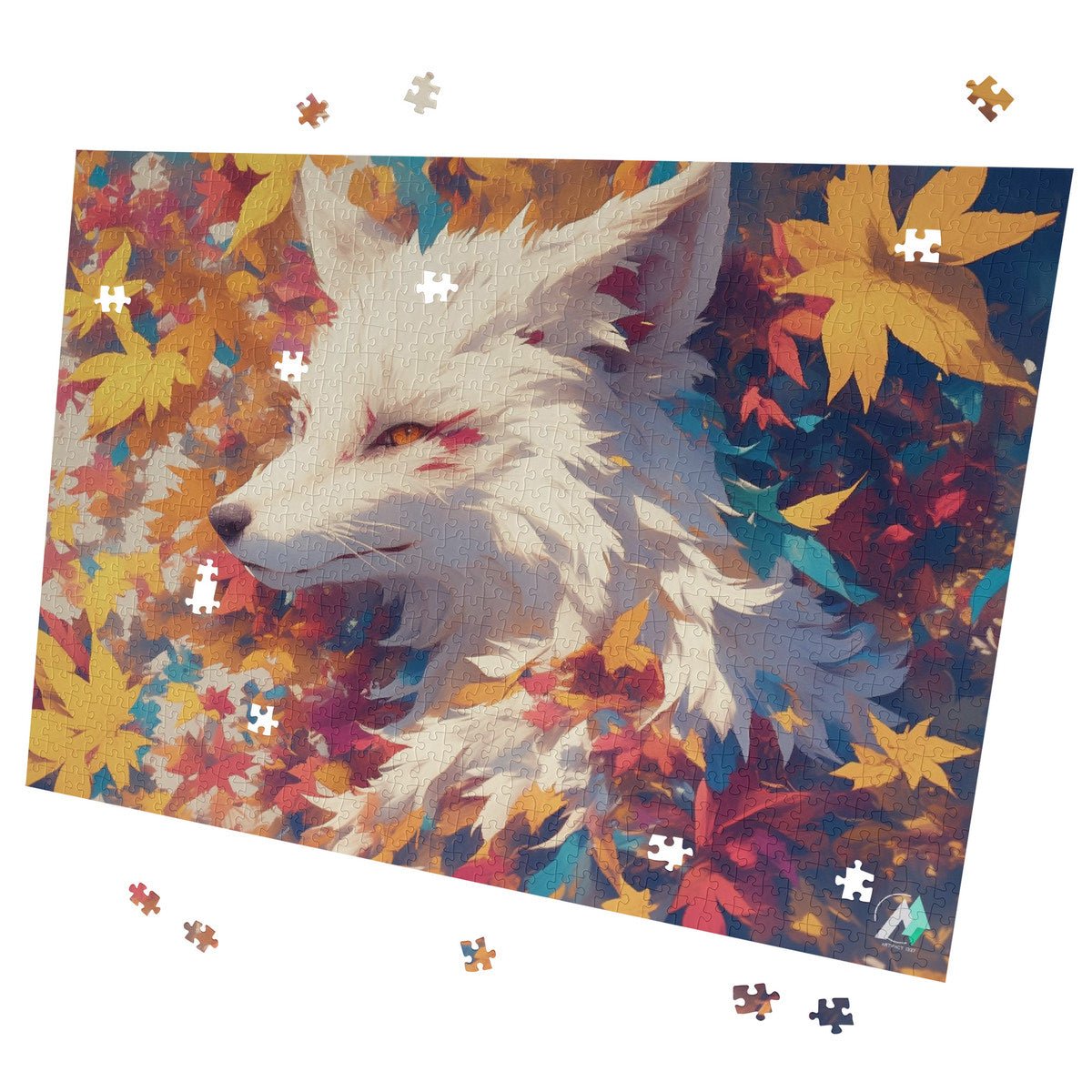 Fall'n for Foxes VI Puzzle features a white fox amidst leaves. Available in 500 or 1000 pieces, crafted from premium cardboard with a satin finish.