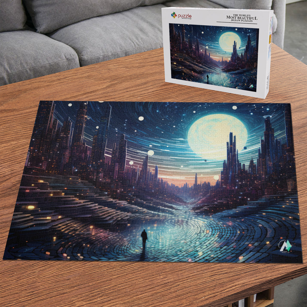 Future Urbanscape I Puzzle featuring a future cityscape with a man walking on a street, available in 500 and 1000 pieces, premium cardboard.