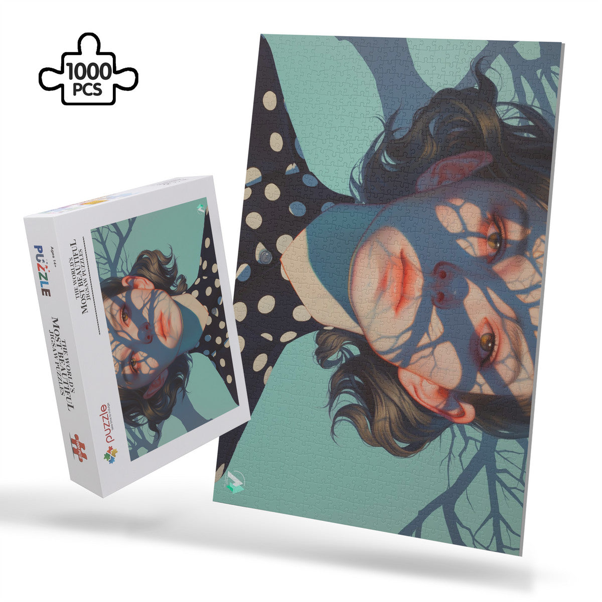 Surreal Feminine II Puzzle: A 500 or 1000-piece jigsaw featuring a woman's face artwork by @shinjoku13, crafted on premium ivory cardboard.