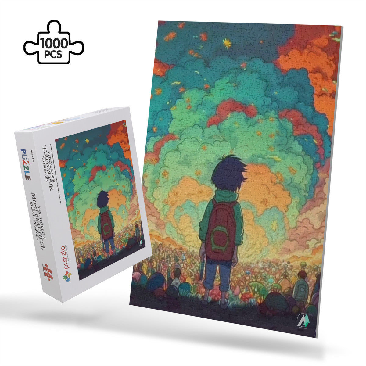 Fete Forever Puzzle: A child gazes at a diverse crowd, depicted in a vibrant jigsaw puzzle, available in 500 or 1000 pieces.