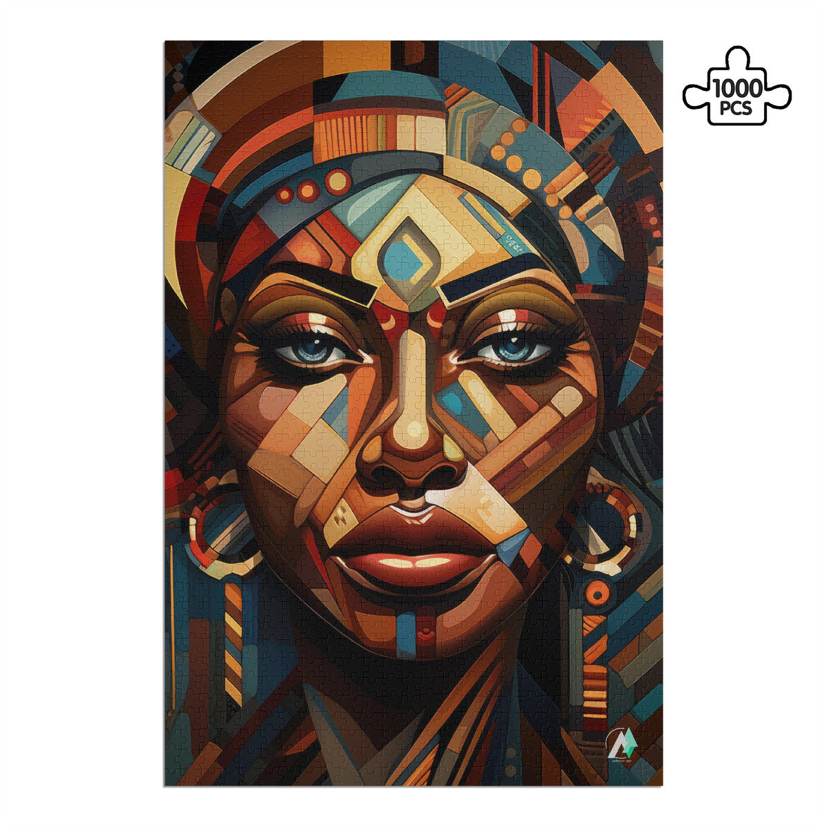 Cubist Beauty I Puzzle featuring a woman's face with a colorful headdress, available in 500 and 1000 pieces, crafted from premium ivory cardboard.