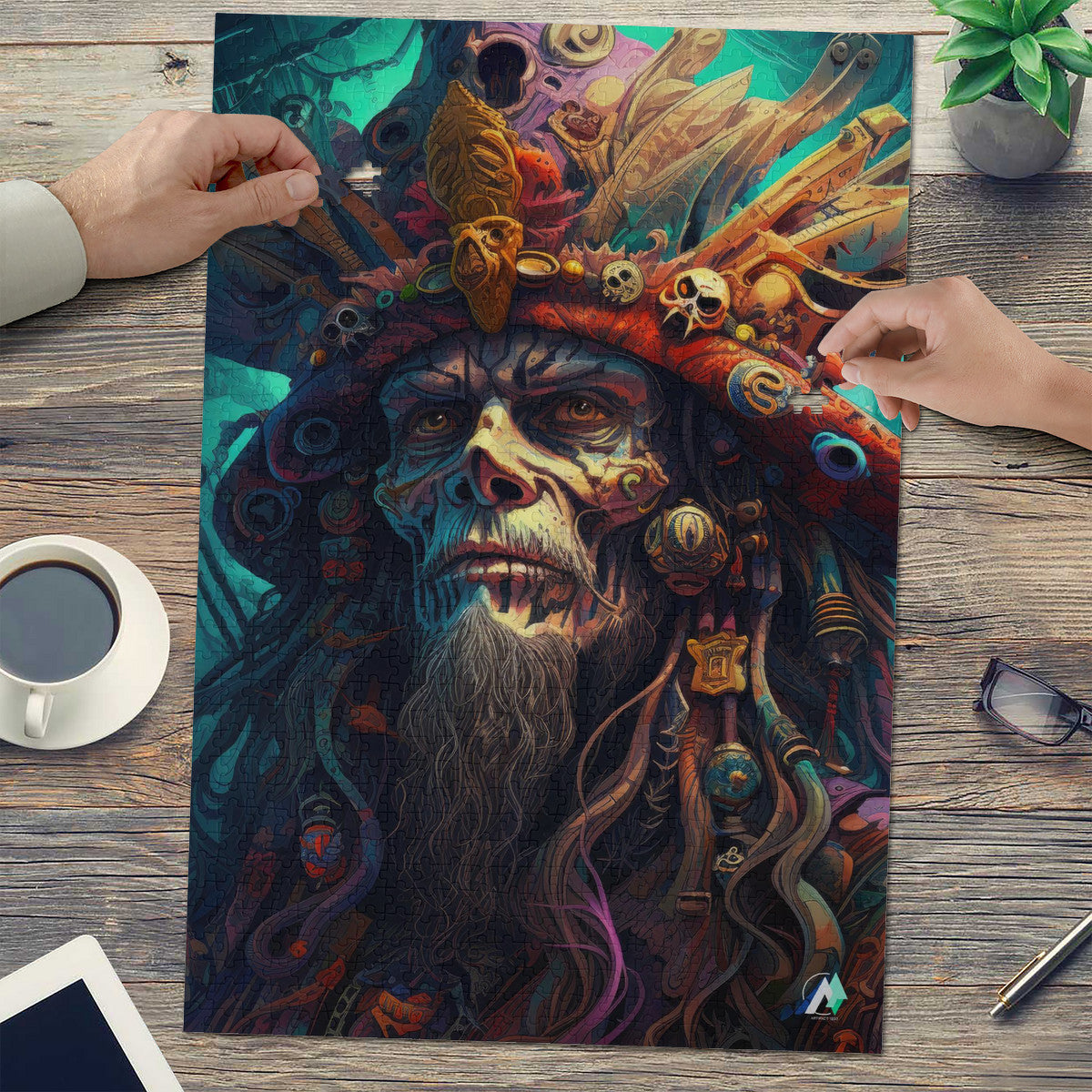 Pirate Lord III Puzzle: A 500 or 1000-piece jigsaw featuring a bearded man with a pirate hat, crafted from premium ivory cardboard.