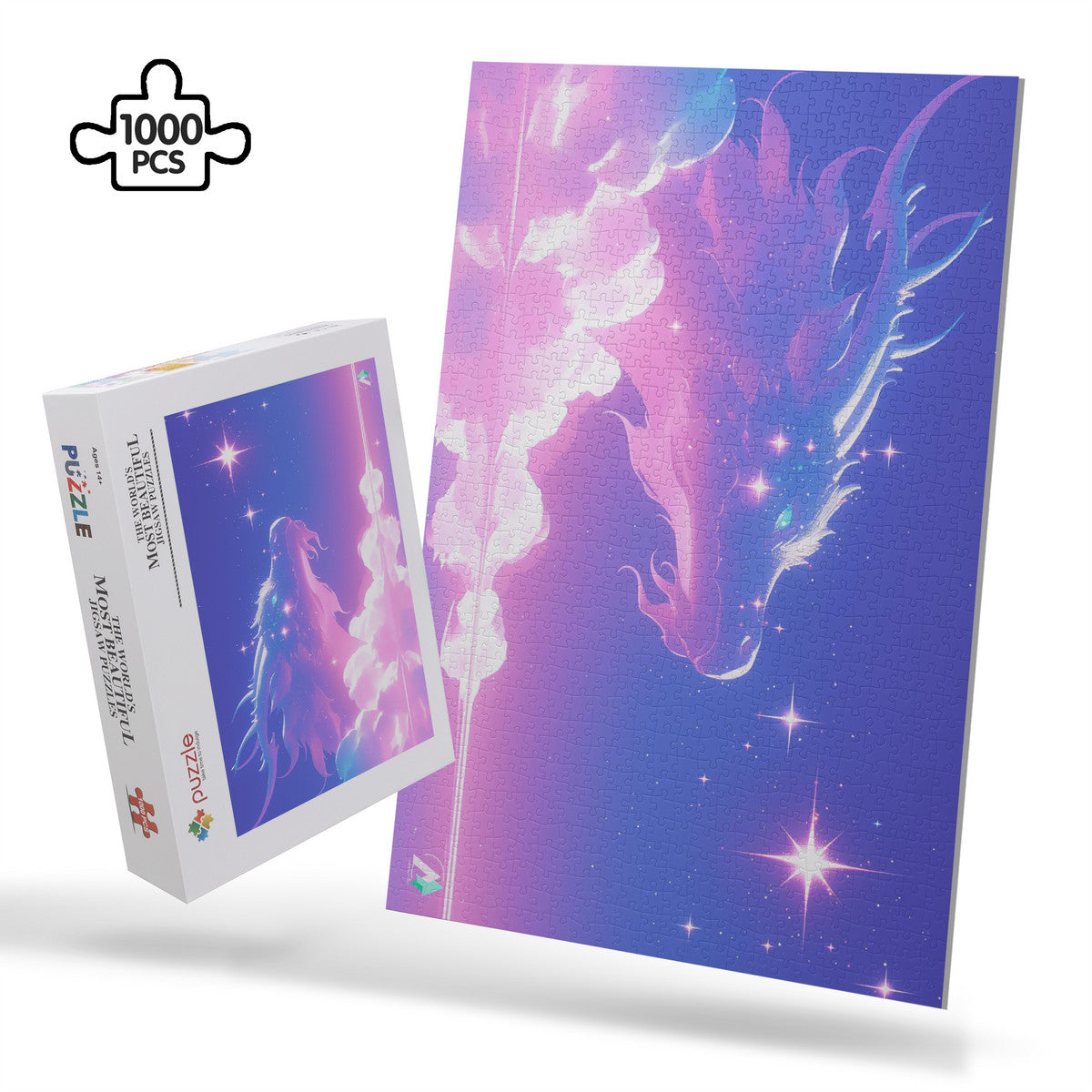 Supernal Dragon Puzzle, featuring a detailed dragon design by @shinjoku13. Available in 500 or 1000 pieces, crafted from premium ivory cardboard.