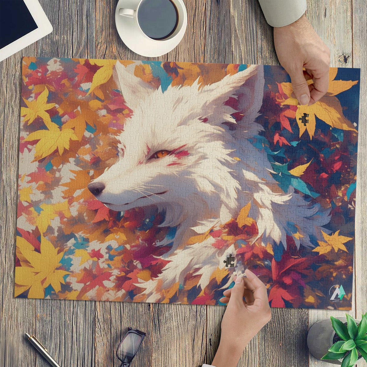 Fall'n for Foxes VI Puzzle features a white fox amidst leaves. Available in 500 or 1000 pieces, crafted from premium cardboard with a satin finish.