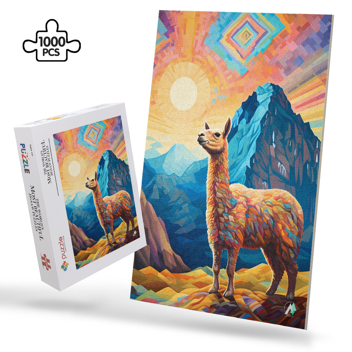Llama on the Mountaintop Puzzle featuring a llama artwork, available in 500 and 1000 pieces, crafted from premium ivory cardboard.