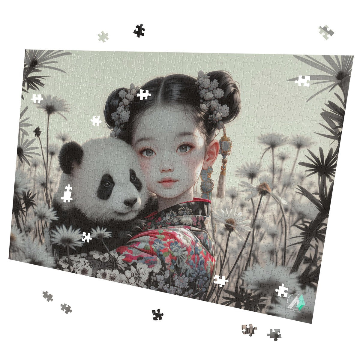 Panda Princess puzzle features a girl holding a panda, crafted on premium ivory cardboard. Available in 500 and 1000 pieces, designed by @shinjoku13.