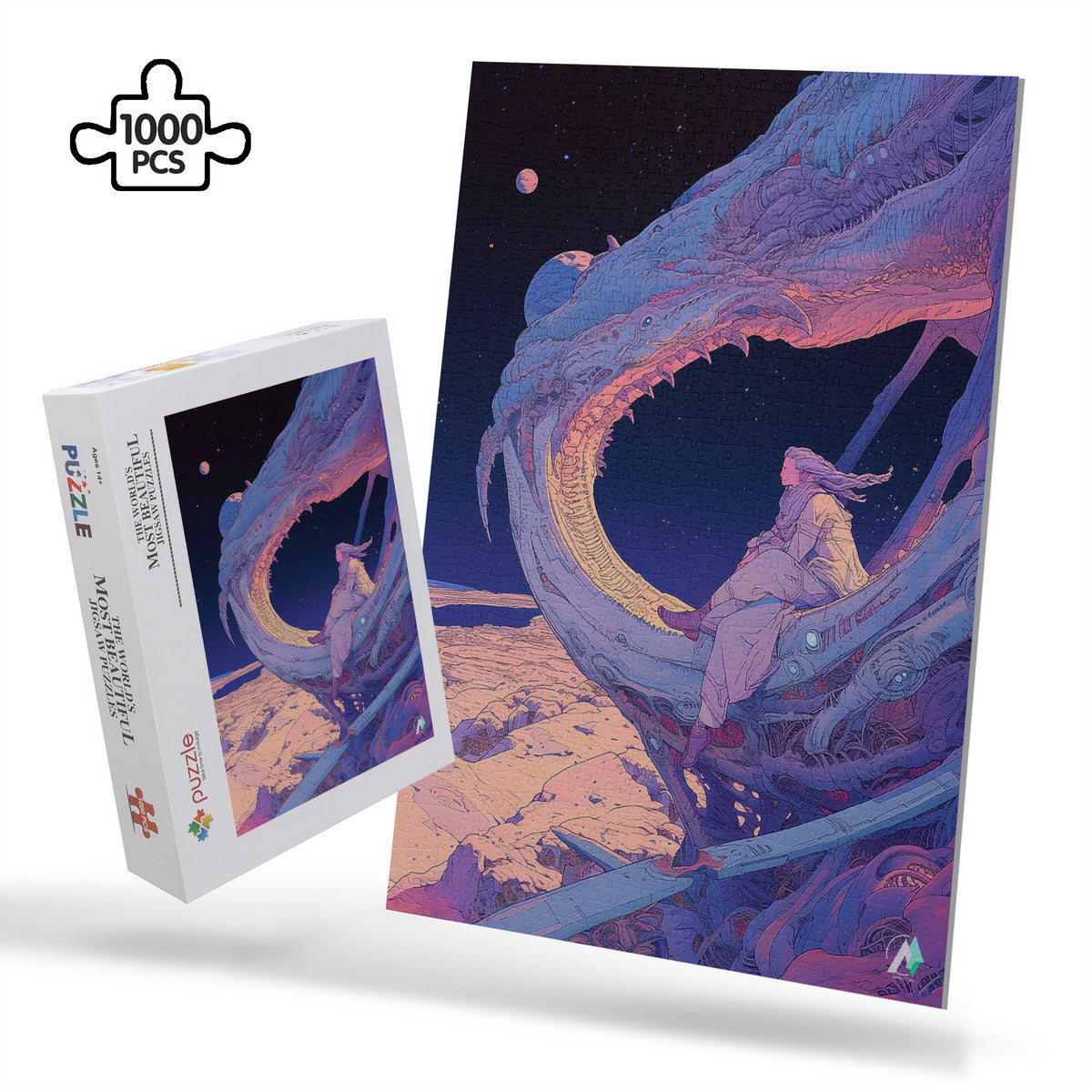 Galleria Galactica X Puzzle: A whimsical jigsaw featuring artwork of a woman overlooking an alien planet, crafted from premium ivory cardboard with a satin finish.
