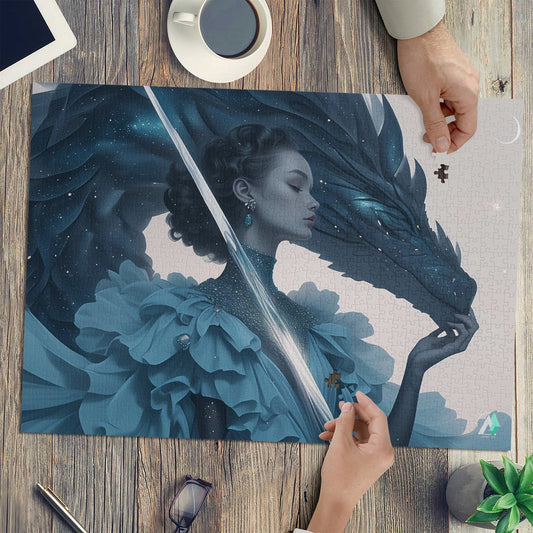 Wyvern Wyre I Puzzle: A jigsaw depicting a woman with a sword and dragon, available in 500 and 1000 pieces, featuring art by @shinjoku13.