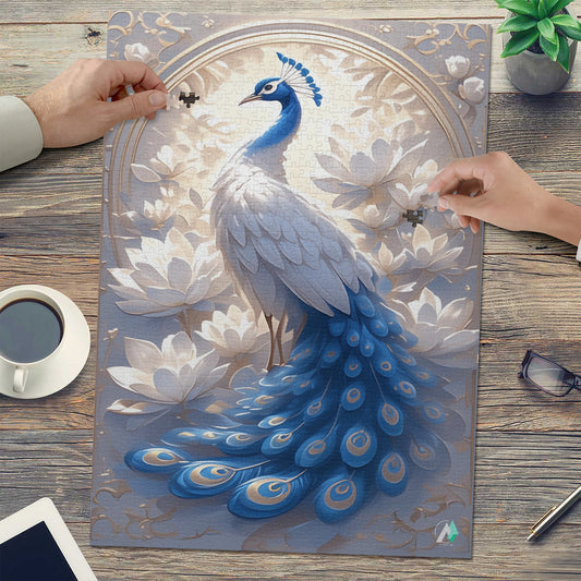 Peacock Nouveau II Puzzle featuring intricate peacock artwork by @shinjoku13, available in 500 and 1000 pieces, crafted from premium ivory cardboard.