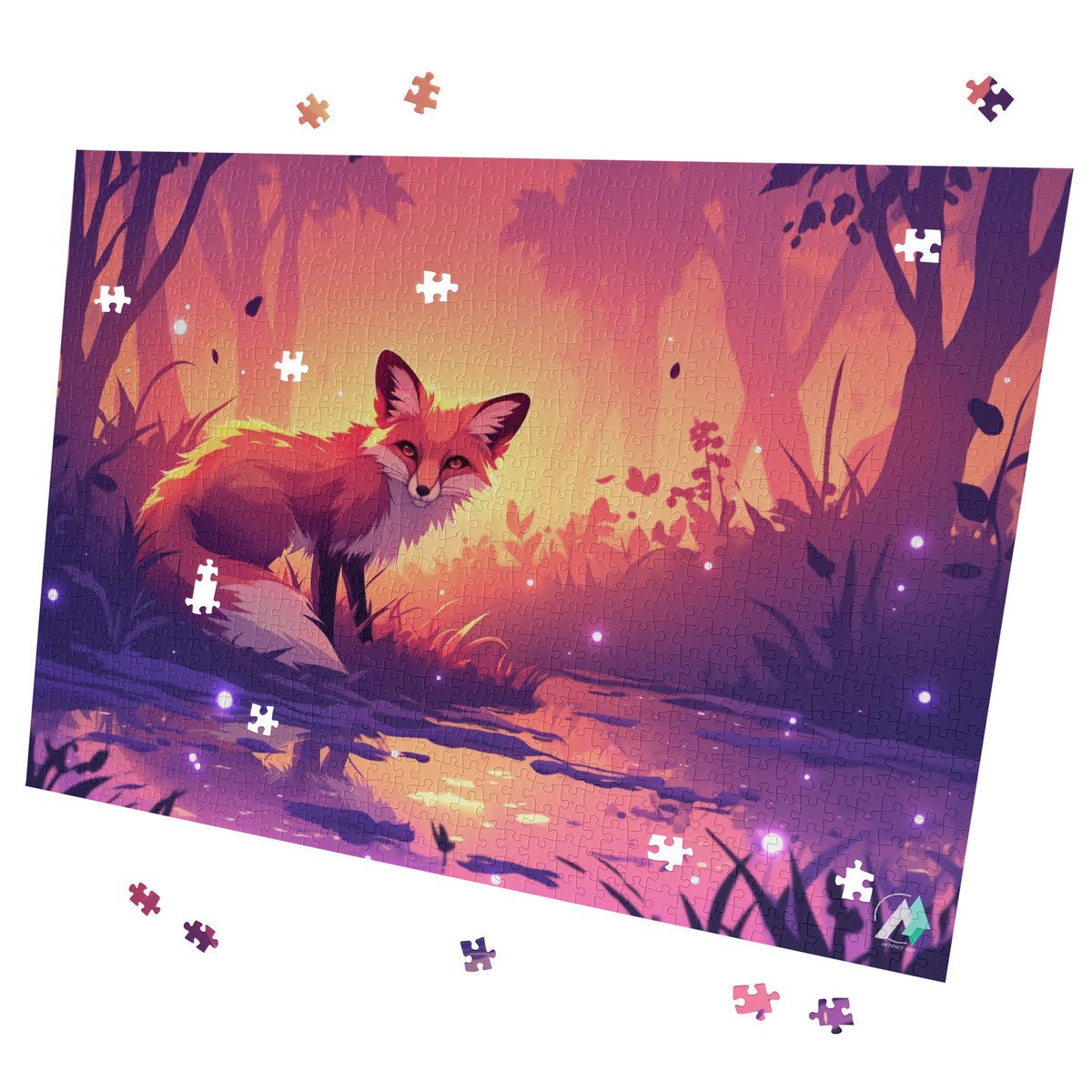 Fall'n for Foxes I Puzzle depicting a fox in a forest, available in 500 and 1000 pieces, made from premium ivory cardboard.