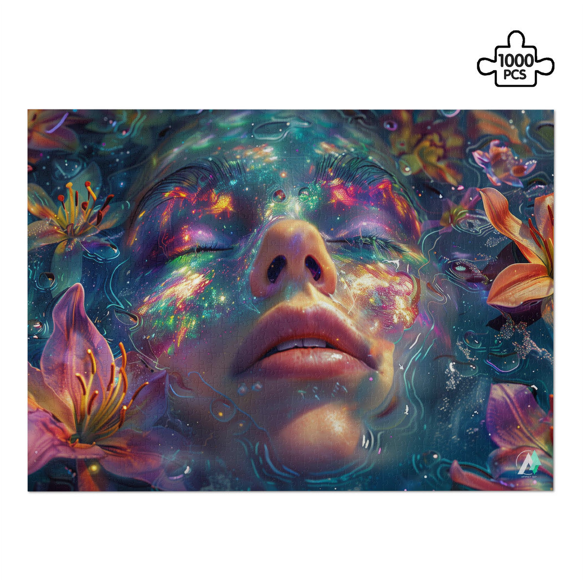 Emergence III Puzzle featuring a woman's face with flowers, available in 500 or 1000 pieces, crafted from premium ivory cardboard with a satin finish.