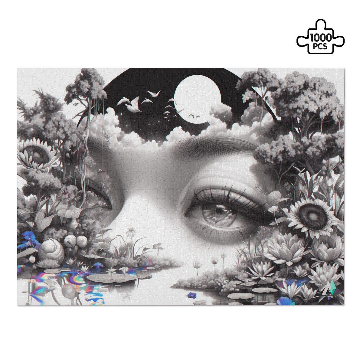 Peering Into II Puzzle features a woman's face surrounded by flowers, capturing surreal artistry. Available in 500 or 1000 pieces for a challenging experience.