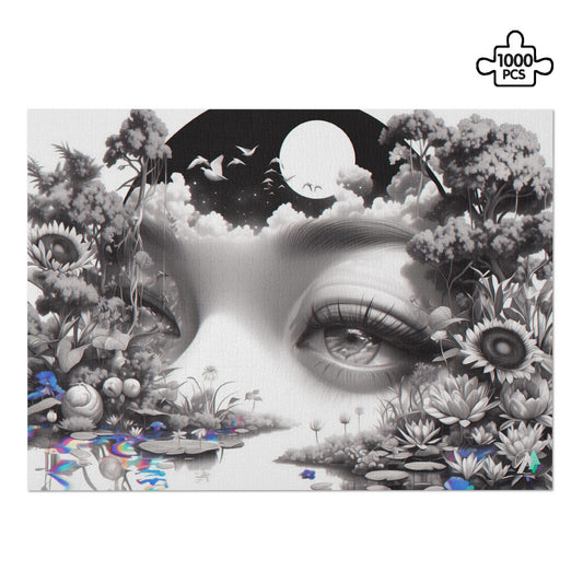 Peering Into II Puzzle features a woman's face surrounded by flowers, capturing surreal artistry. Available in 500 or 1000 pieces for a challenging experience.