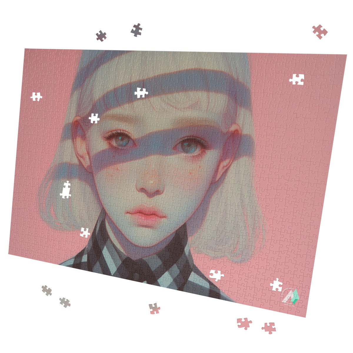 Surreal Feminine VI Puzzle: A detailed puzzle of a girl's portrait with shadows, featuring premium cardboard and artwork by @shinjoku13. Available in 500 and 1000 pieces.