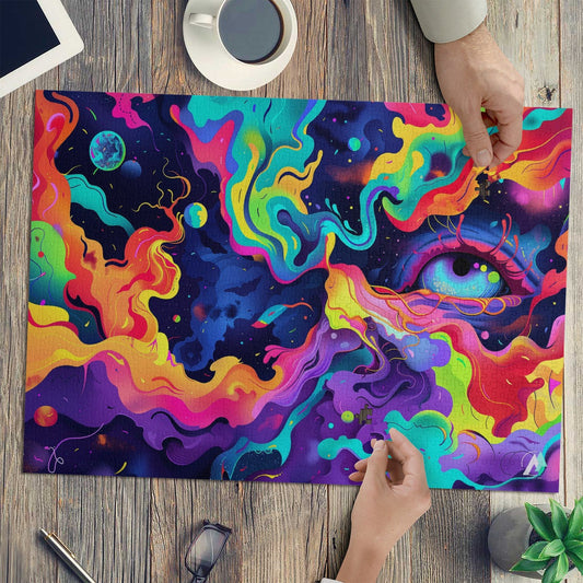 Dreamweaver's Gaze II Puzzle, featuring a vibrant, abstract art design by @shinjoku13, available in 500 and 1000 pieces, crafted from premium ivory cardboard.