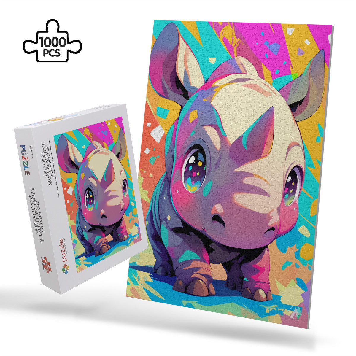 Chibi Safari Rhino Puzzle featuring a whimsical rhinoceros illustration, available in 500 or 1000 pieces, crafted on premium ivory cardboard.