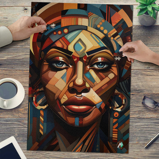 Cubist Beauty I Puzzle featuring a woman's face with a colorful headdress, available in 500 and 1000 pieces, crafted from premium ivory cardboard.