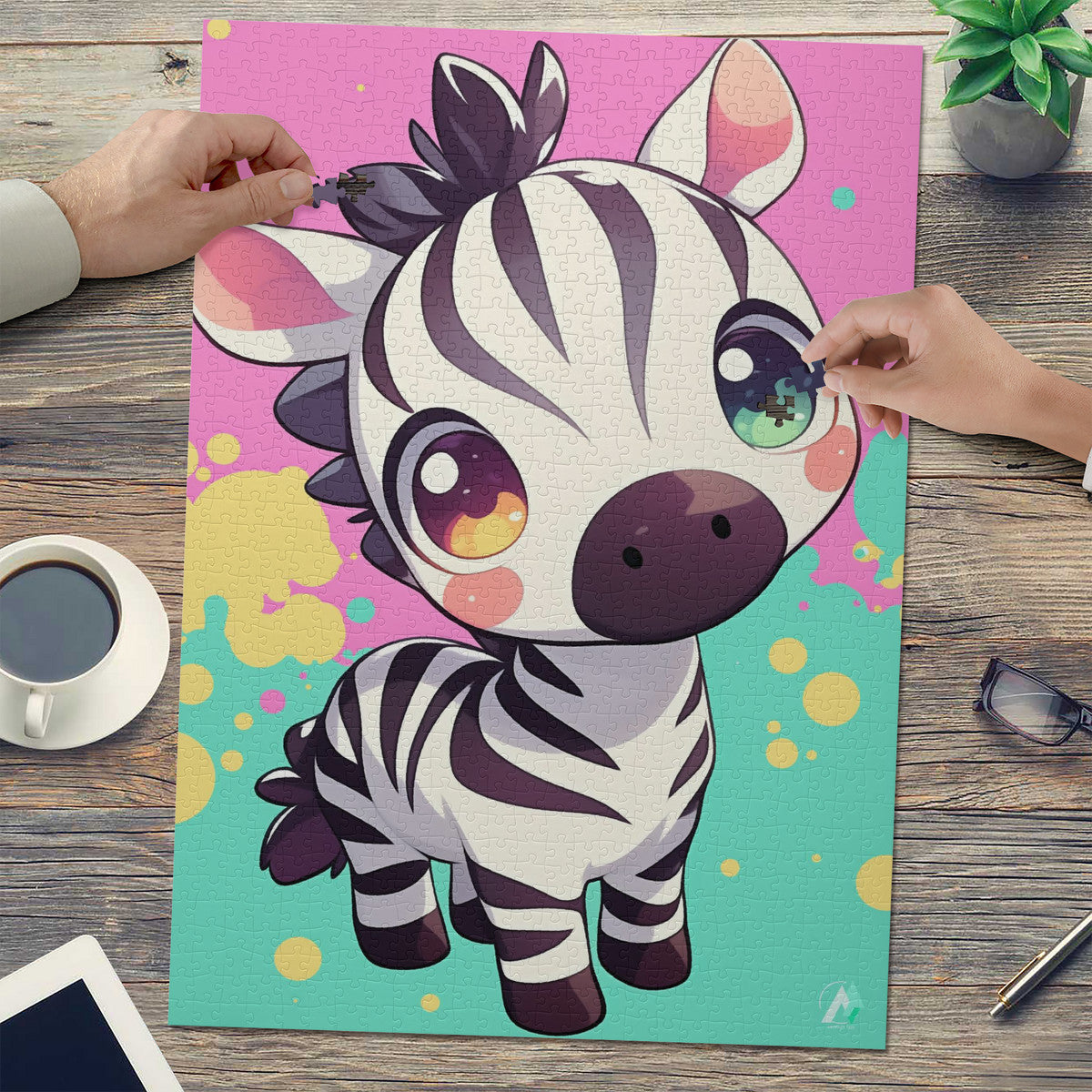 Chibi Safari Zebra Puzzle featuring a cartoon zebra illustration by artist @shinjoku13, available in 500 and 1000 pieces, made from premium ivory cardboard.