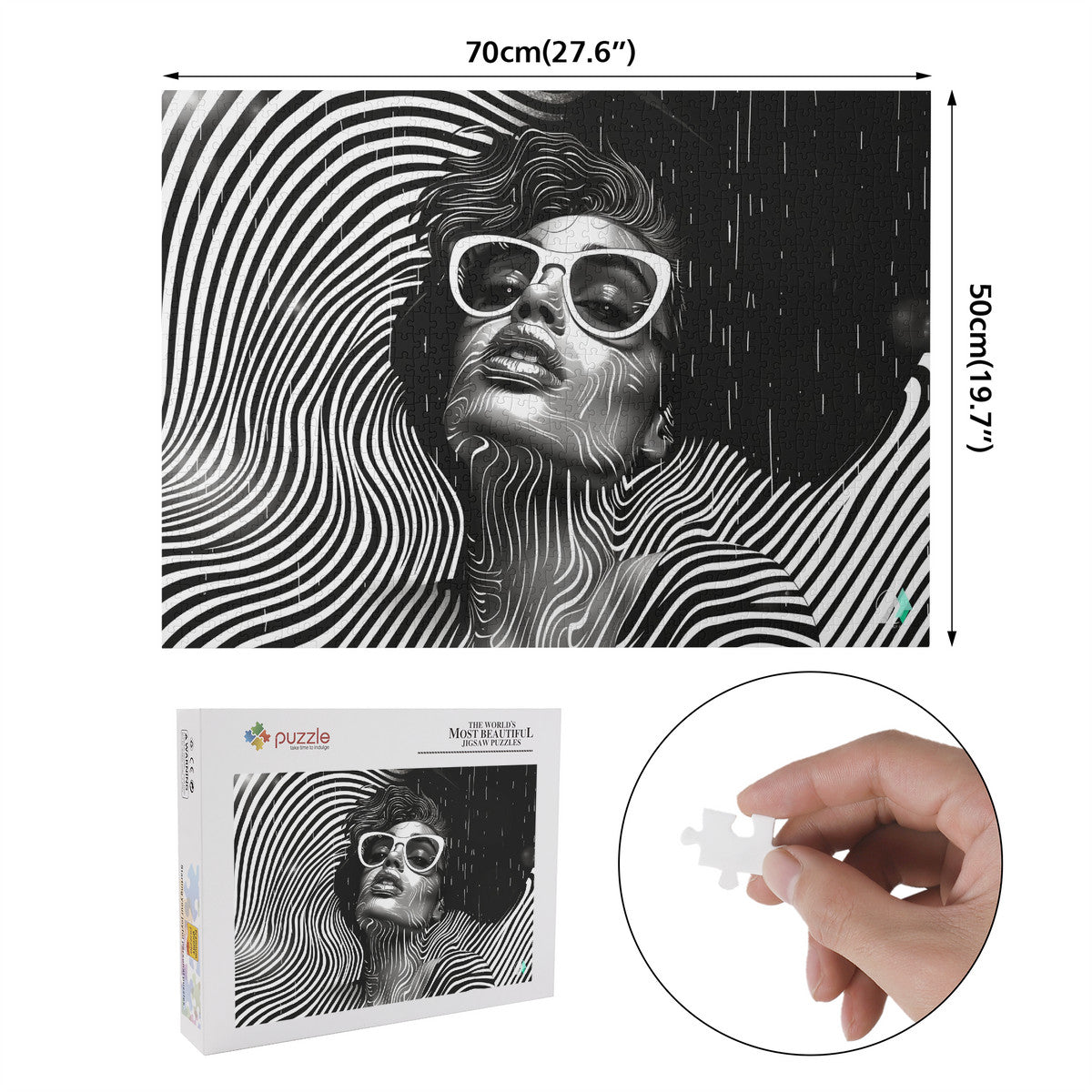 Fashion Trip I puzzle showcasing a woman's face with sunglasses, featuring hand-picked artwork by artist @shinjoku13 on premium ivory cardboard. Available in 500 and 1000 pieces.