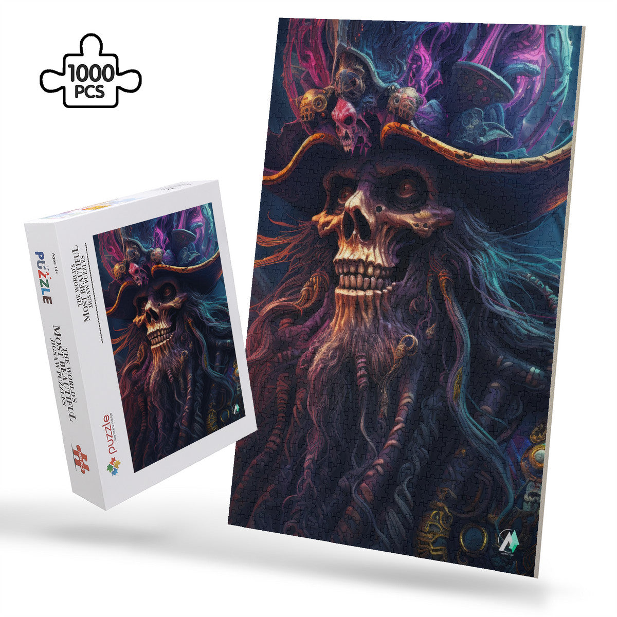 Pirate Lord I Puzzle: A 500 or 1000-piece jigsaw featuring a bearded man with a pirate hat, crafted from premium ivory cardboard.