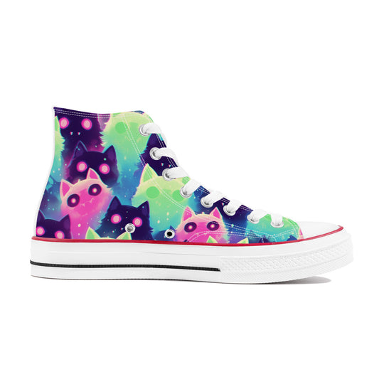 Feline's Gaze I (Wht) | 1337 High Tops feature neon-patterned cat faces on canvas, white soles, rubber toe cap, and white laces, offering artful, unisex appeal.