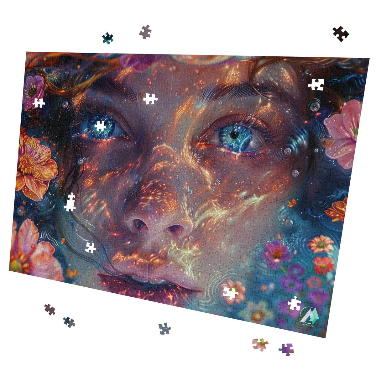 Emergence II Puzzle featuring a woman's face intertwined with flowers, available in 500 or 1000 pieces, crafted from premium ivory cardboard with a satin finish.