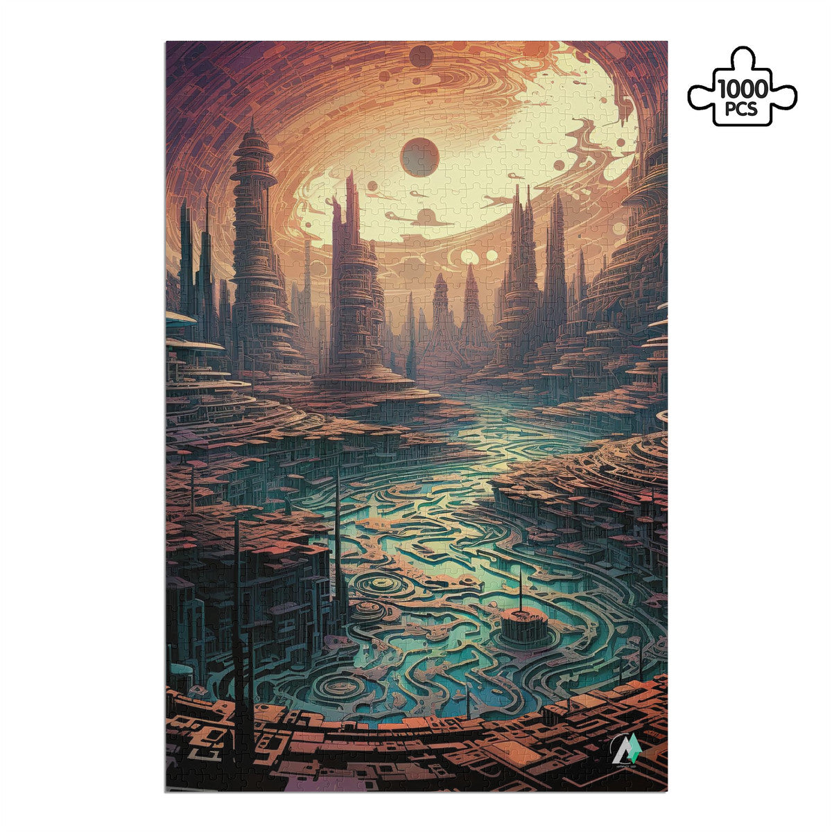 Future Urbanscape III Puzzle featuring a cityscape design, available in 500 or 1000 pieces, crafted from premium ivory cardboard with a satin finish.