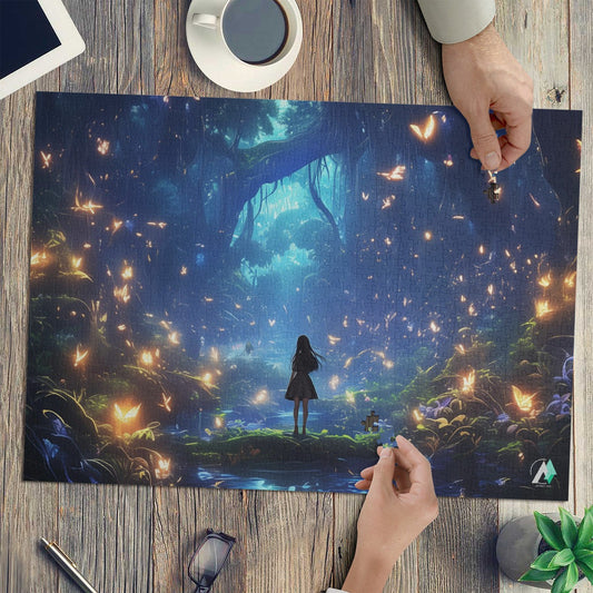 Forest of Magic II Puzzle, featuring a girl in a forest with butterflies, available in 500 or 1000 pieces, made from premium ivory cardboard.