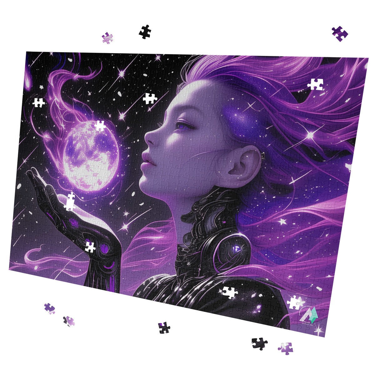 Android Celeste Puzzle: A woman with purple hair holding a glowing moon, crafted on premium ivory cardboard. Available in 500 or 1000 pieces.