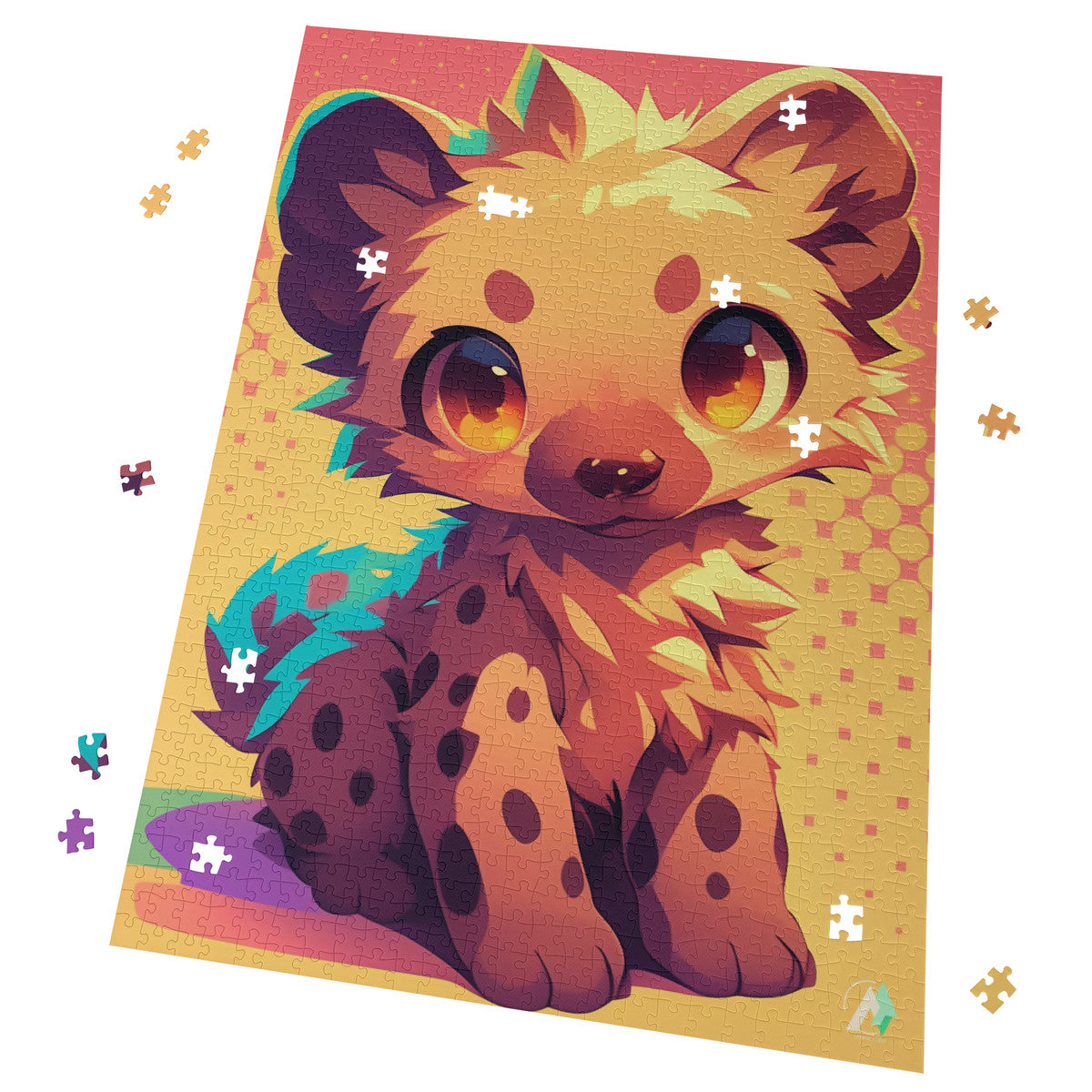Chibi Safari Hyena Puzzle: a jigsaw puzzle featuring a hyena design, available in 500 or 1000 pieces, crafted from premium ivory cardboard with a satin finish.