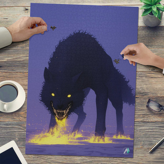 Hounds Unleashed X Puzzle features a wolf with glowing eyes and flames, available in 500 and 1000 pieces, made from premium ivory cardboard.
