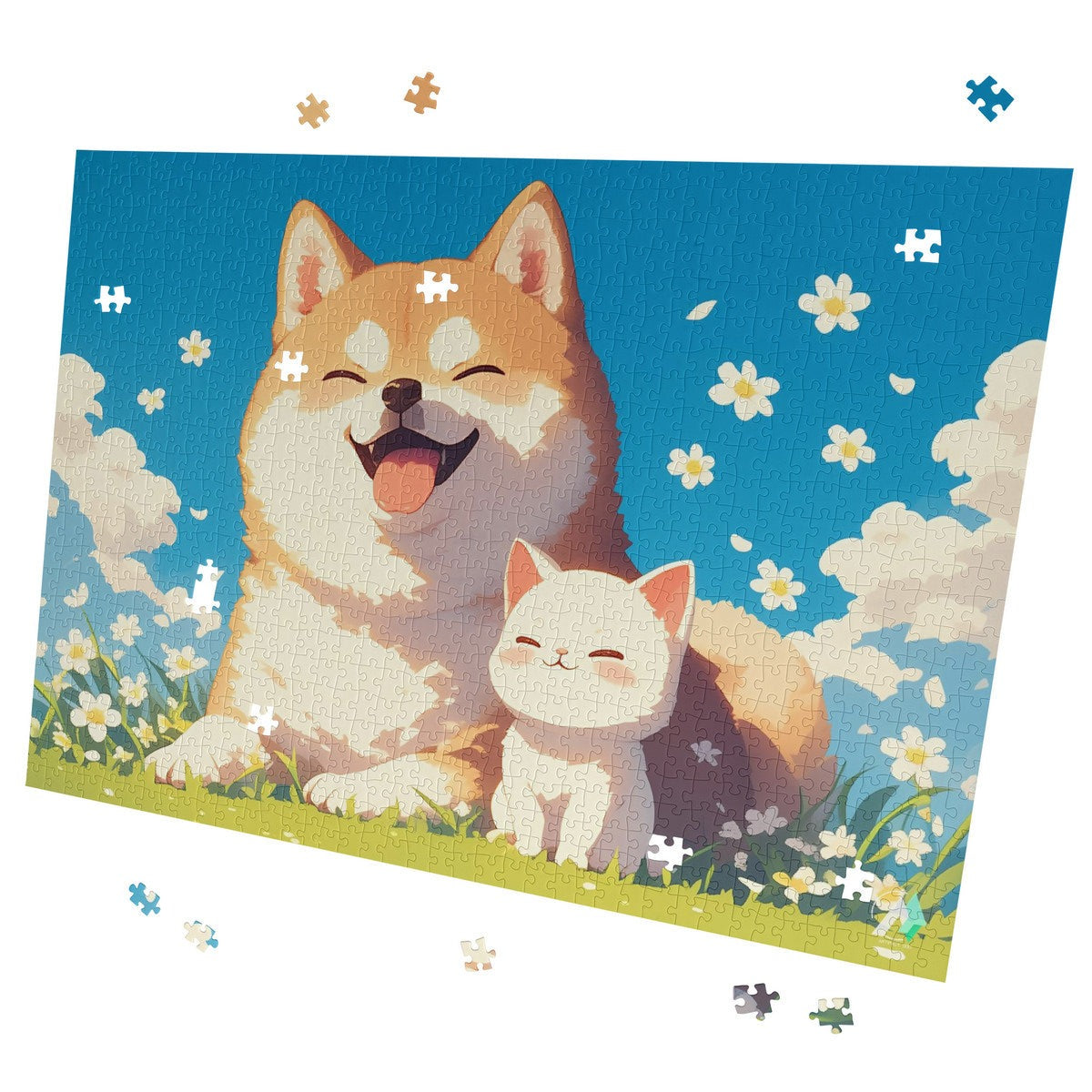 Chibi Shiba I Puzzle featuring a whimsical dog and cat design by artist @shinjoku13, available in 500 and 1000 pieces, crafted from premium ivory cardboard.