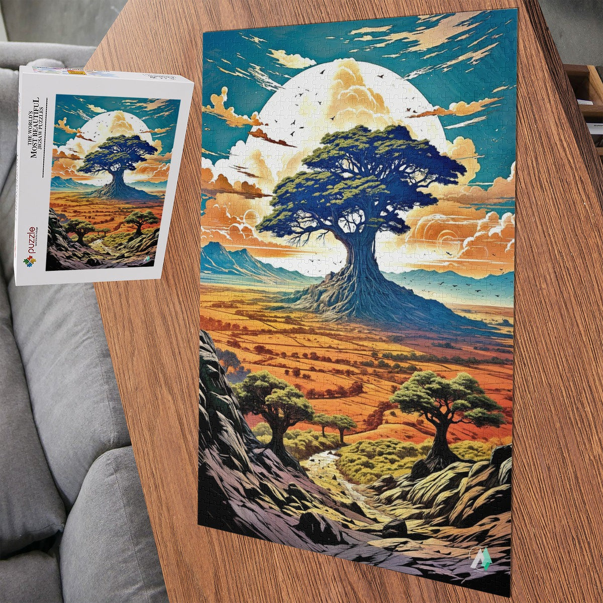 Ancient Sentinel Puzzle featuring a tree landscape, available in 500 and 1000 pieces, crafted from premium ivory cardboard with satin finish.