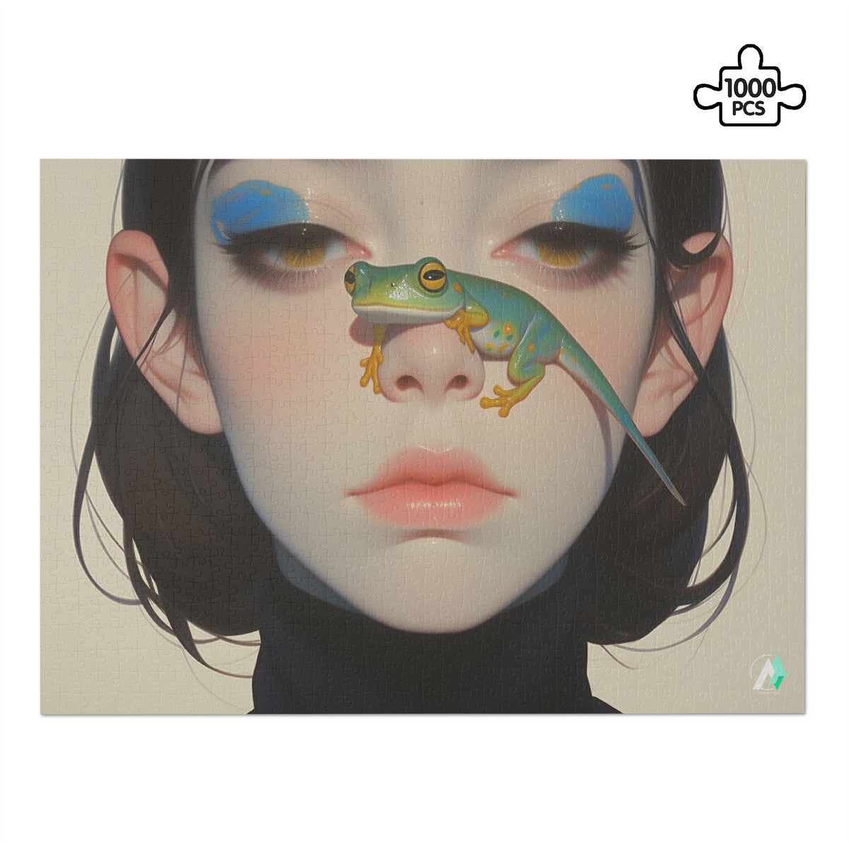 Surreal Feminine VII Puzzle depicting a woman with a lizard on her nose, crafted from premium ivory cardboard, available in 500 and 1000 pieces.