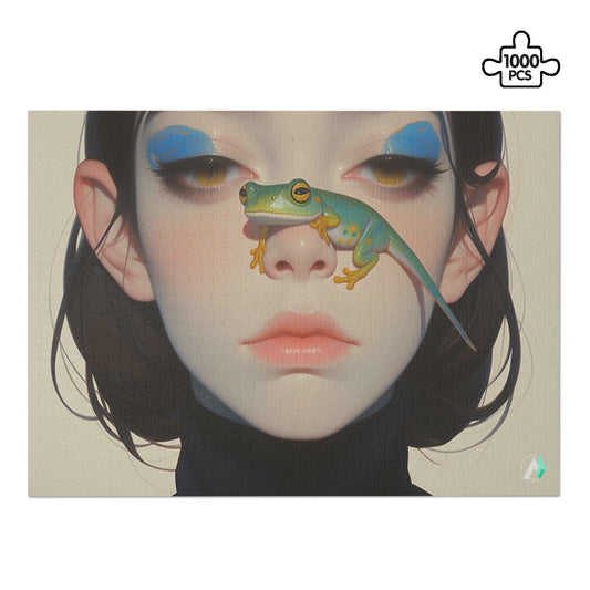 Surreal Feminine VII Puzzle depicting a woman with a lizard on her nose, crafted from premium ivory cardboard, available in 500 and 1000 pieces.