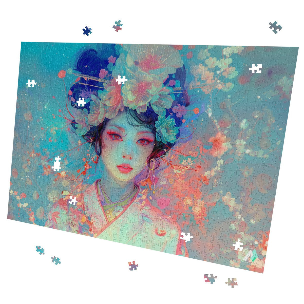 Boho Geisha I Puzzle featuring an Asian woman's portrait with flowers in her hair, available in 500 and 1000 pieces, by artist @shinjoku13.