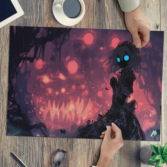 Whispering Decay II Puzzle featuring a cartoon character in a haunting forest. Available in 500 and 1000 pieces, made with premium ivory cardboard.