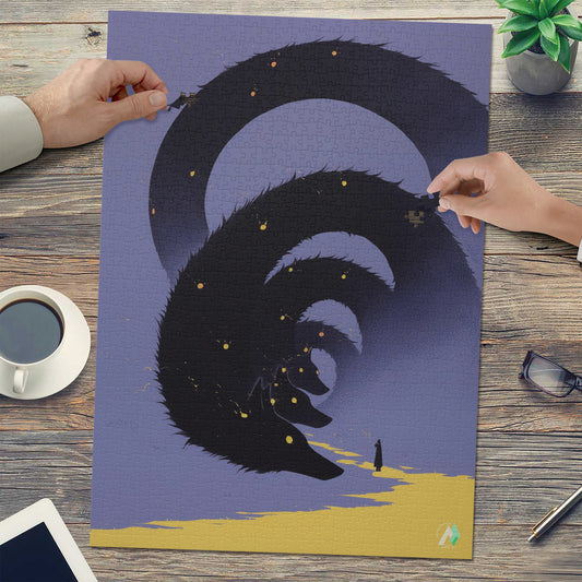 Hounds Unleashed IV Puzzle: A black animal-themed jigsaw puzzle, 500 or 1000 pieces, featuring artwork by @shinjoku13 on premium satin-finish ivory cardboard.