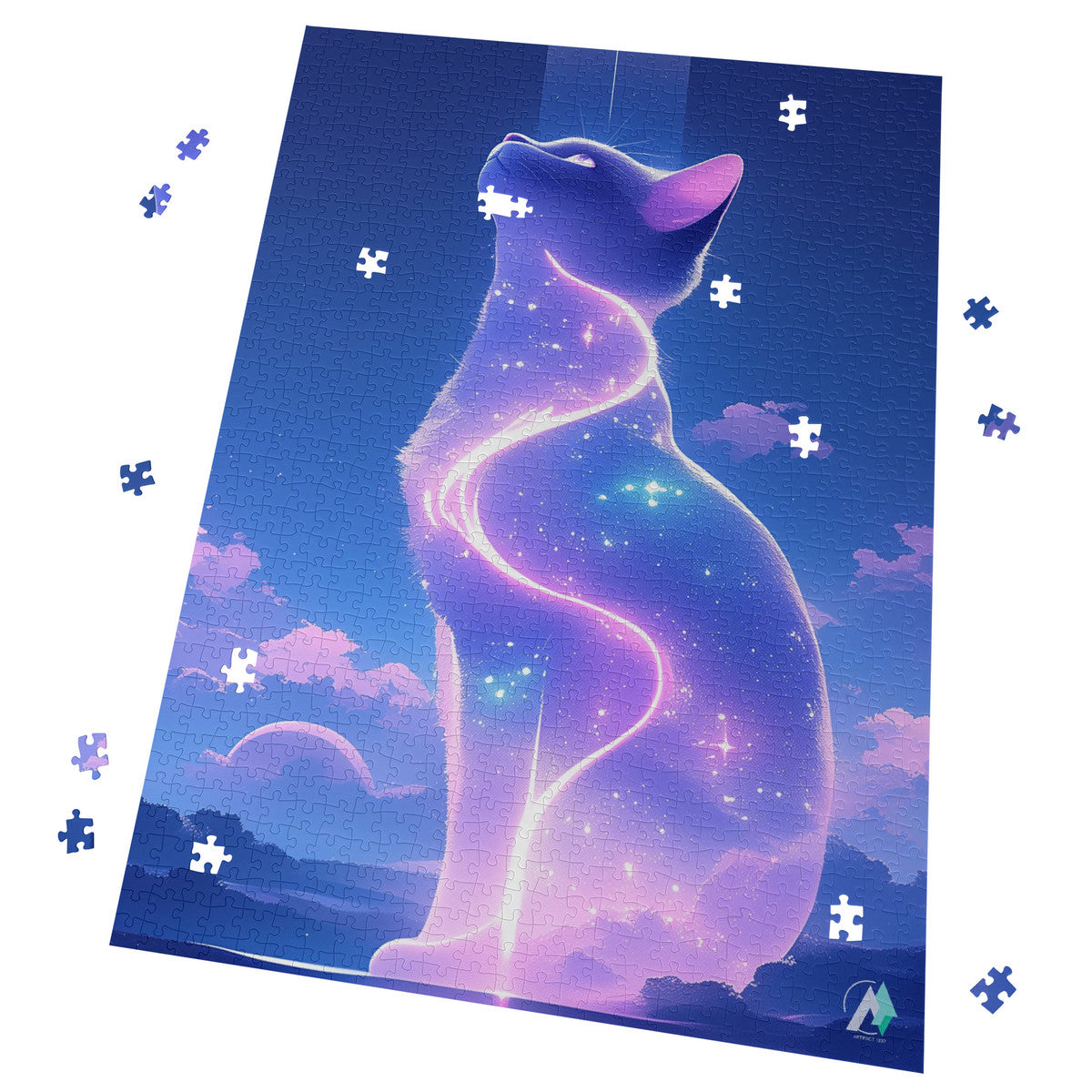 Milky Way Meow IV Puzzle showcases a cat-themed jigsaw puzzle, available in 500 and 1000 pieces, crafted from premium ivory cardboard.
